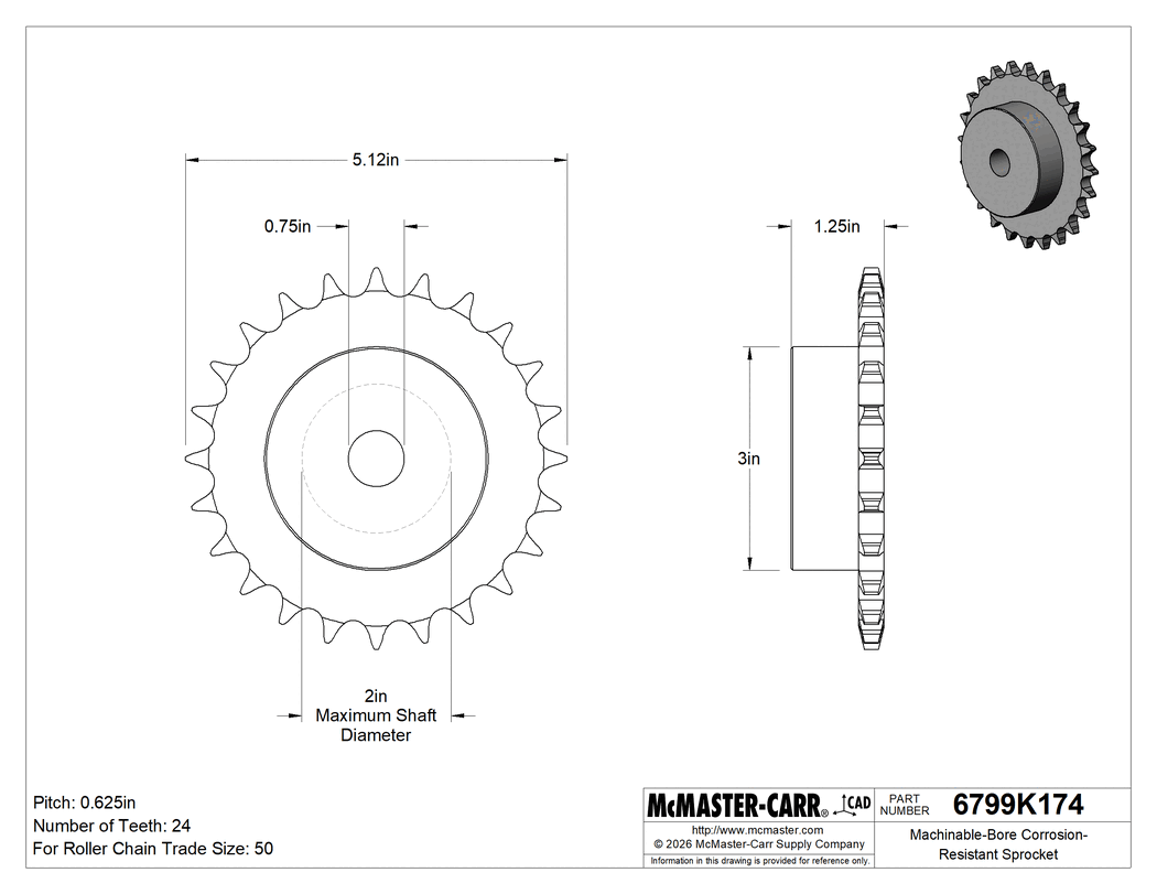 Technical Drawing of Corrosion-Resistant 18-8 Stainless Steel Plain Bore Sprocket, for Single-Strand ANSI 50 Roller Chain, 24 Teeth.
